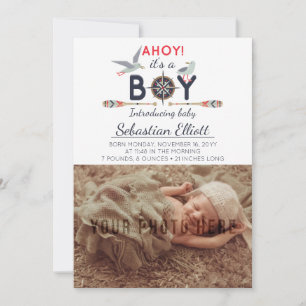 Nautical Sailboat Ahoy Baby Boy Photo Invitación