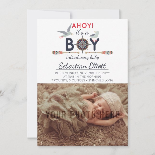 Nautical Sailboat Ahoy Baby Boy Photo Invitación (Anverso)