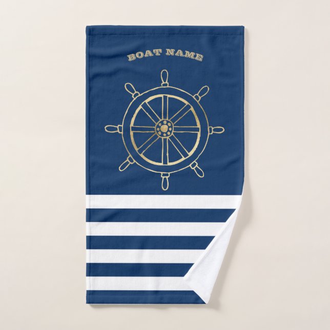 Náutico, Rueda de Barco Dorada, Rayas Azules Marin (Toalla de mano)