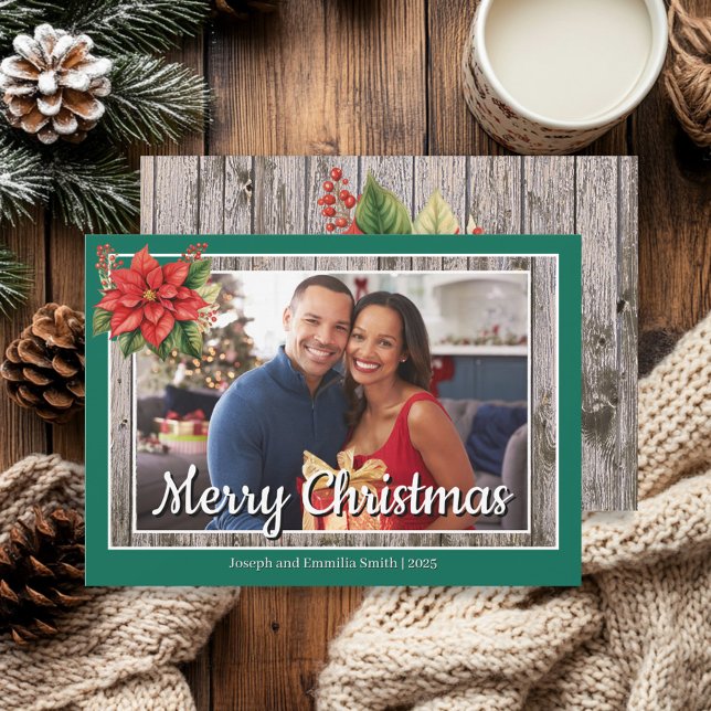 Navidad Alegre Familia Madera Rústica Verde (Emerald green and red poinsettia "Merry Christmas" photo greeting card
)