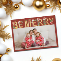 Navidad Alegre Rojo Letras Doradas Foto Familiar