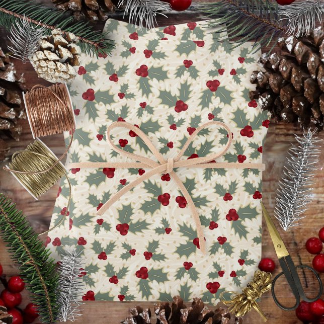 Navidad - Bayas y Hojas de Acebo (Christmas - Holly Berries and Leaves Wrapping Paper Sheets by Leapfroglisics Shop)