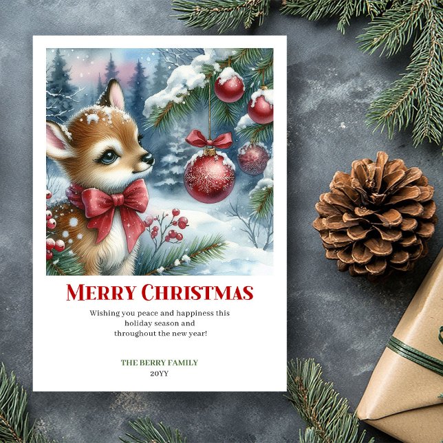 Navidad Bebé Ciervo Nevado Bosque Acuarela Navidad (Festive Baby Fawn Snowy Forest Watercolor Christmas Card

)