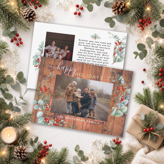 Navidad Botánica de Madera Rústica Moderna (Bring a touch of cozy modern farmhouse charm to your annual mailing tradition with this photo card.)