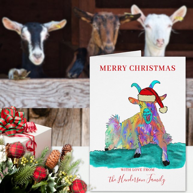 Navidad cabra divertida Santa personalizada (Funny Christmas screaming goat wearing a santa hat custom holiday greetings folded card colorful )