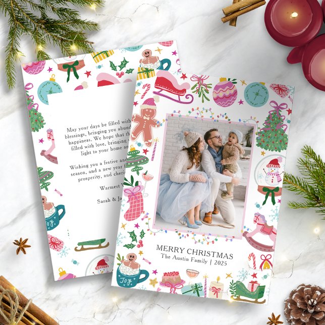 Navidad Caprichosa Divertida Colorida (Joyful Holiday Invitation with Whimsical Christmas Icons and Festive Photo Design by Painted Paperie)