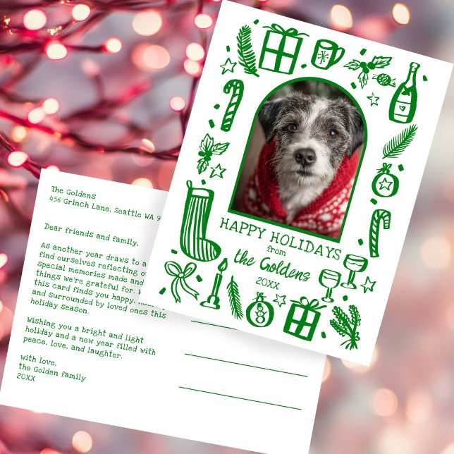 Navidad Caprichosa  Foto de archivo personalizada  (Whimsical Christmas Doodle Sketch Hand-drawn Cute Custom Arch PHOTO Holiday Postcard
)