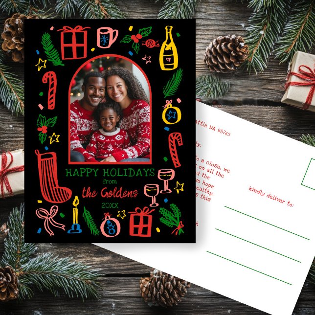 Navidad Caprichosa  Foto de archivo personalizado  (Whimsical Christmas Doodle Sketch Hand-drawn Cute Custom Arch PHOTO Holiday Postcard
)