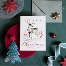 Navidad Ciervo Acuarela Rústica & Bayas Rojas