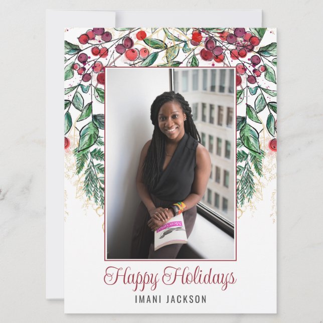 Navidad con bayas en acuarela y foto de hoja peren (Anverso)