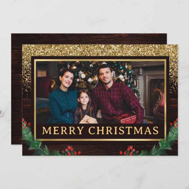 Navidad con brillo dorado y foto familiar de mader (Anverso / Reverso)
