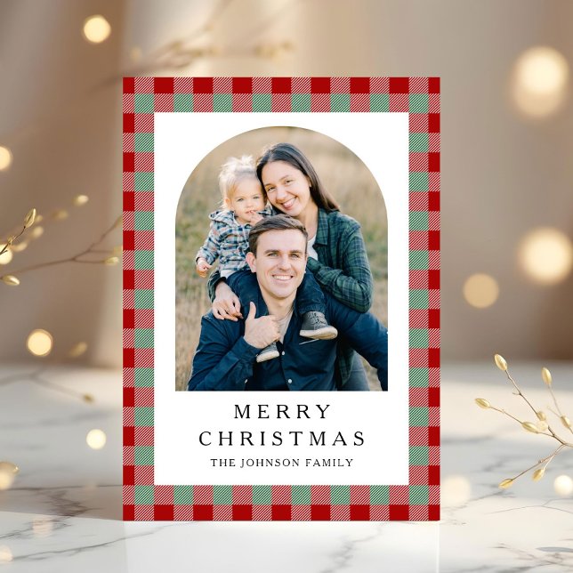 Navidad con Cuadros Festivos Foto (Festive Gingham Photo Christmas Holiday Card)