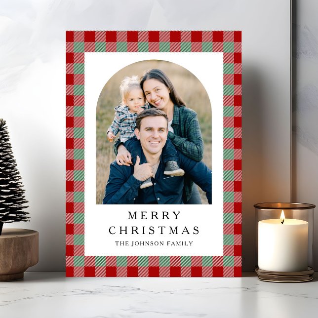 Navidad con Cuadros Festivos Foto (Festive Gingham Photo Christmas Holiday Card)