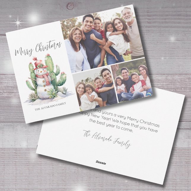 Navidad con Foto de Cactus (Cactus Snowman Photo Merry Christmas Holiday Card)