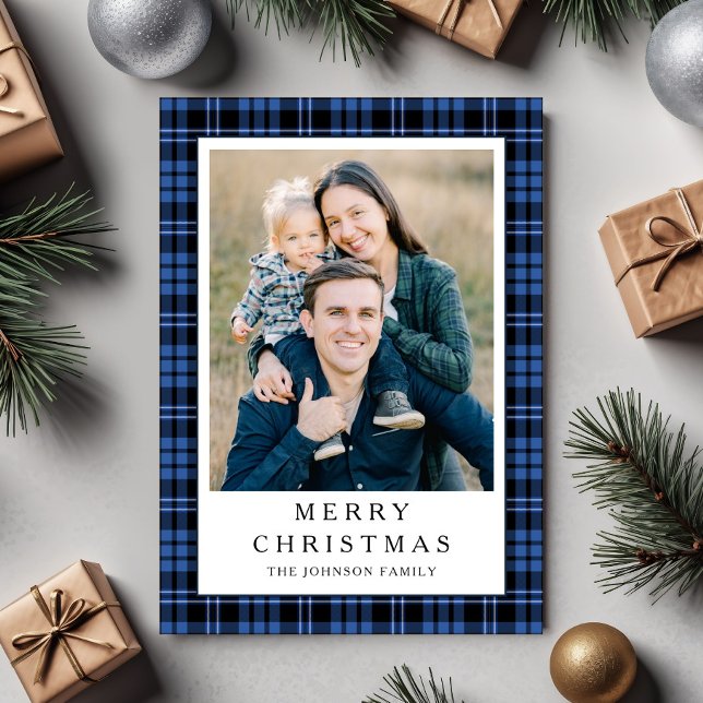 Navidad con Foto de Cuadros Azules Festivos (Festive Blue Plaid Photo Christmas Holiday Card)