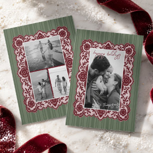 Navidad con foto familiar de borde de encaje rojo 