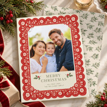 Navidad con Foto Familiar Floral de Encaje Rojo