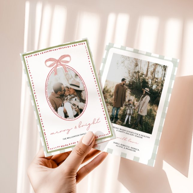 Navidad con Foto Familiar y Lazo Rosa Preppy Vinta (Vintage Pink Bow Family Photo Christmas Card)