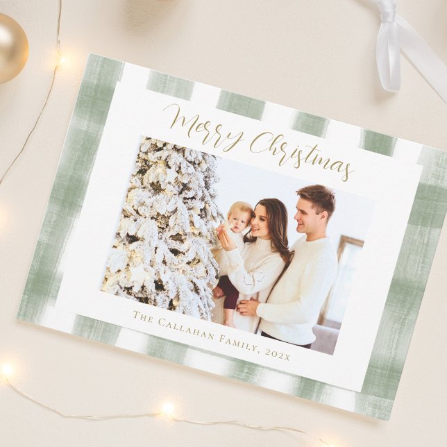 Navidad con foto personalizada de cuadros gingham  (Elegant Cute Green Gingham Plaid Custom Photo Merry Christmas Card - Chic vintage style holiday card)