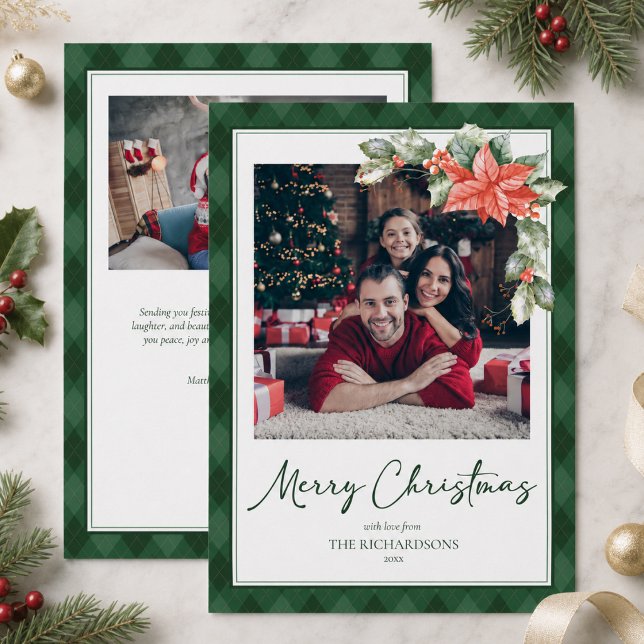 Navidad con Foto Personalizada Plaid Holly 2 (elegant holly plaid 2 photo merry christmas card with custom family photos and message)