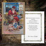 Navidad con los hijos del padre de la cosecha<br><div class="desc">Nostálgico y pintoresco ilustracion de Navidades de la era victoriana,  con el púlpido rojo Padre Navidad con dos hijos y regalos con pergamino del 25 de diciembre. La parte posterior presenta un borde floral complementario,  campos de texto recomendados y editables.</div>