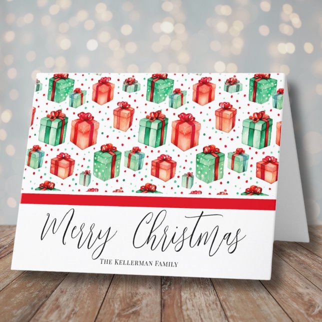 Navidad con patrón de acuarela (Cute Festive Watercolor Present Pattern Christmas Holiday Card)
