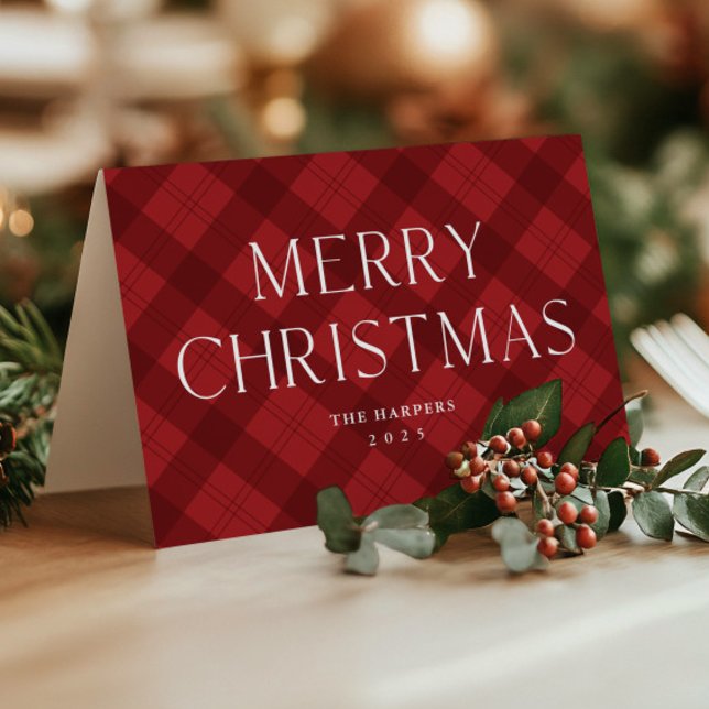 Navidad con tipografía elegante de cuadros rojos m (Modern Red Plaid Rustic Non Photo Christmas Holiday Cards.)