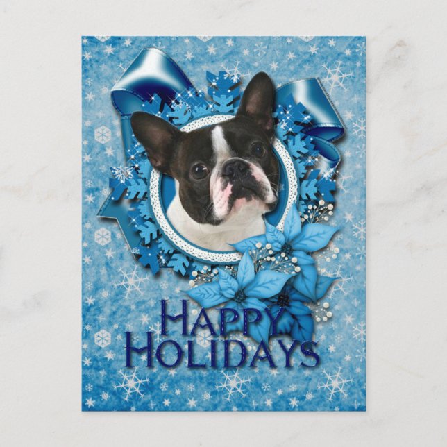 Navidad - copos de nieve azules - Boston Terrier (Anverso)
