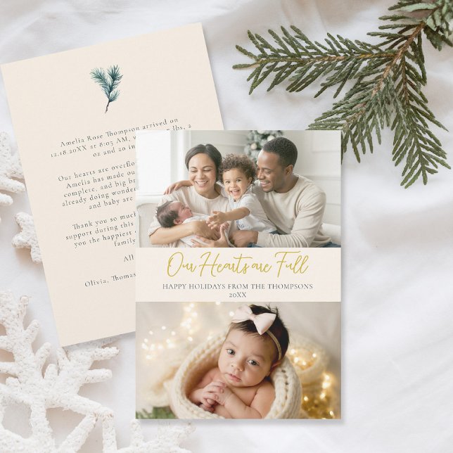 Navidad Corazones Suaves Familia Bebé 2 Fotos (christmas family card baby announcement card modern calligraphy simple elegant 2 photos cream gold)