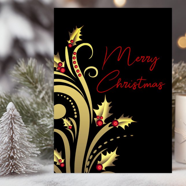 Navidad cristiana moderna  (Elegant red black gold holly Christian Christmas card with message you can change.)