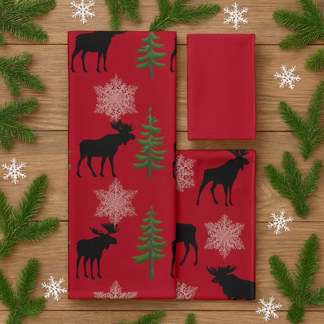 Navidad de copo de nieve de pino alce estilo cabañ (Rustic  moose, pine and snowflakes on red towels set . A perfect print for Christmas and beyond )