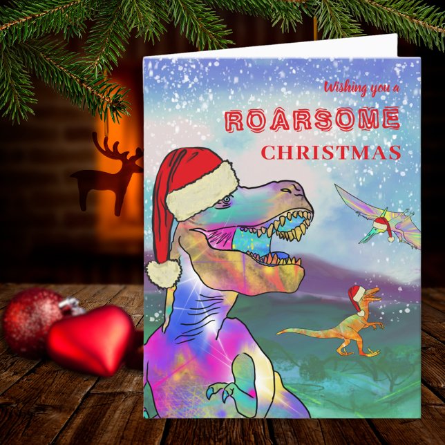 Navidad de Dinosaurio Santa T-Rex (Christmas Dinosaurs wearing Santa hats holiday greetings card)