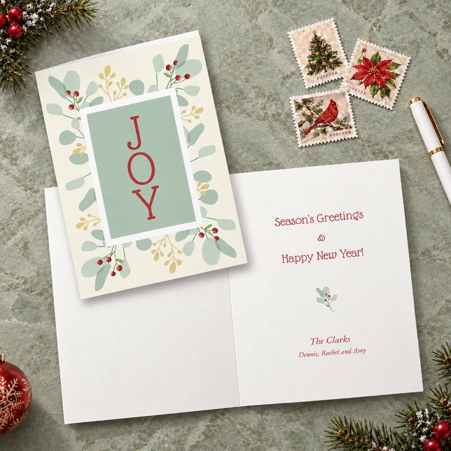 Navidad de Hojas y Bayas (Leaves and Berries JOY  Christmas Holiday Cards, PRINTED and/or INSTANT DOWNLOAD)