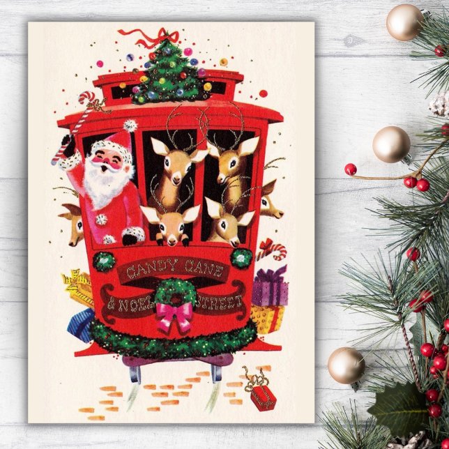 Navidad de la época de la cosecha de renos (Cable Car Santa & Reindeer Vintage Christmas Holiday Card)