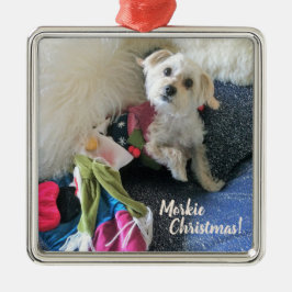Navidad de Morkie que almacena el ornamento