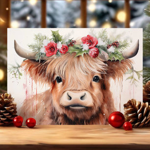 Navidad de ternera bebé Highland acuarela floral l