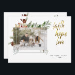 Navidad de Tres Fotos con Caligrafía Dorada Elegan<br><div class="desc">Diseña con tu collage de fotos contra un fondo floral de acebo navideño y un marco moderno. Fe,  Esperanza,  Amor en caligrafía de oro cepillado lo destaca para la temporada navideña de 2021. Personaliza fácilmente tu(s) nombre(s),  año y foto para hacerlo tuyo.</div>