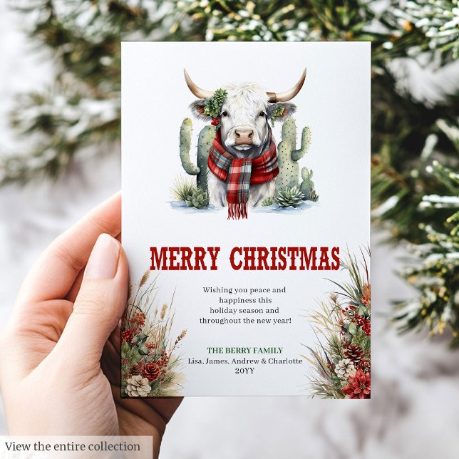 Navidad de vaquera de acuarela occidental (Western watercolor highland cow Christmas Holiday Card)
