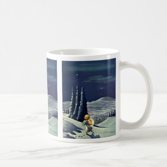 Navidad del vintage, ángel de la nieve que camina taza de café