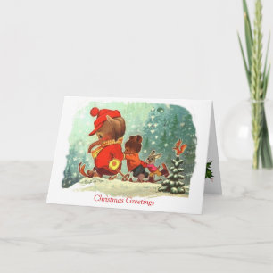 Navidad del vintage, animales que aprenden esquiar