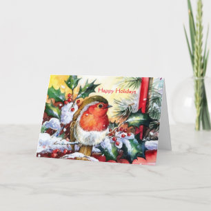 Navidad del vintage - pájaro en acebo nevado,