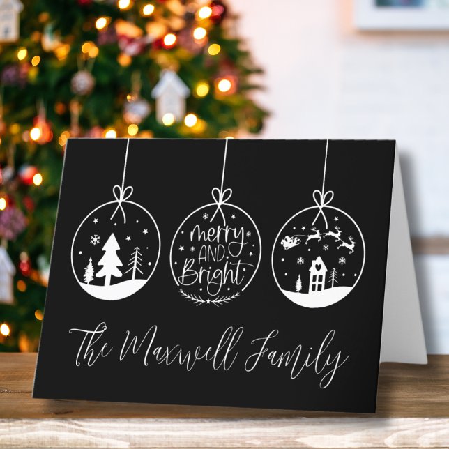 Navidad Familiar Blanco Negro Simple Moderno (Simple Modern Black White Merry And Bright Holiday Card)
