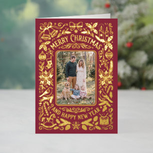 Navidad Familiar con Foto Floral Roja Ornamentada