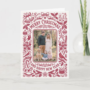 Navidad Familiar con Foto Floral Roja Ornamentada