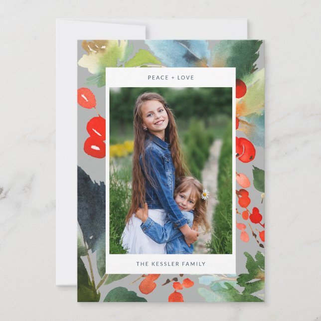 Navidad Floral Acuarela Estilosa Dos Foto Gris (Anverso)