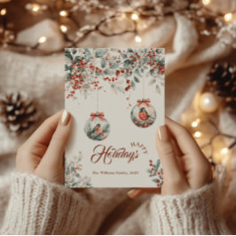 Navidad Floral Rústica Pájaro Rojo de Nieve Carden