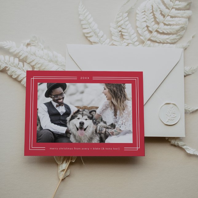 Navidad Foto de Pareja con Marco Rojo Rosa Fuerte  (AVERY Hot Pink Red Framed Couples Photo Christmas Holiday Card)