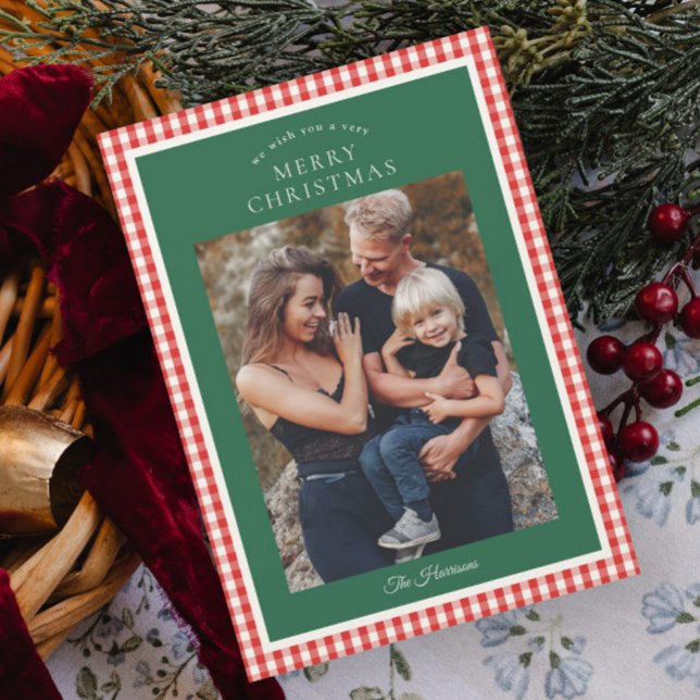 Navidad Foto Gingham Rústico Elegante (Elegant, Rustic Red Gingham Magnetic Photo Christmas Cards.)