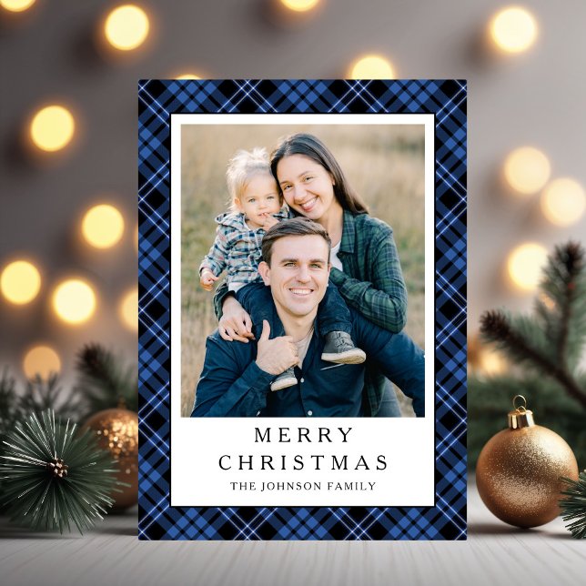 Navidad Foto Plaid Azul Festivo (Festive Blue Plaid Photo Christmas Holiday Card)