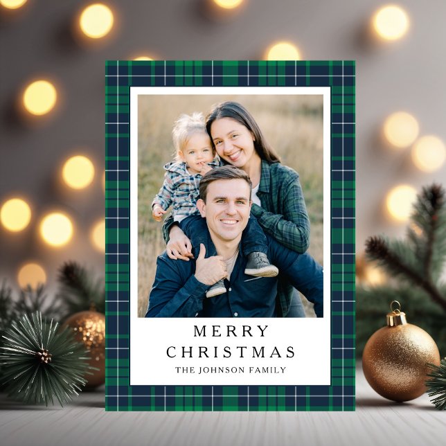 Navidad Foto Plaid Verde Festivo (Festive Green Plaid Photo Christmas Holiday Card)